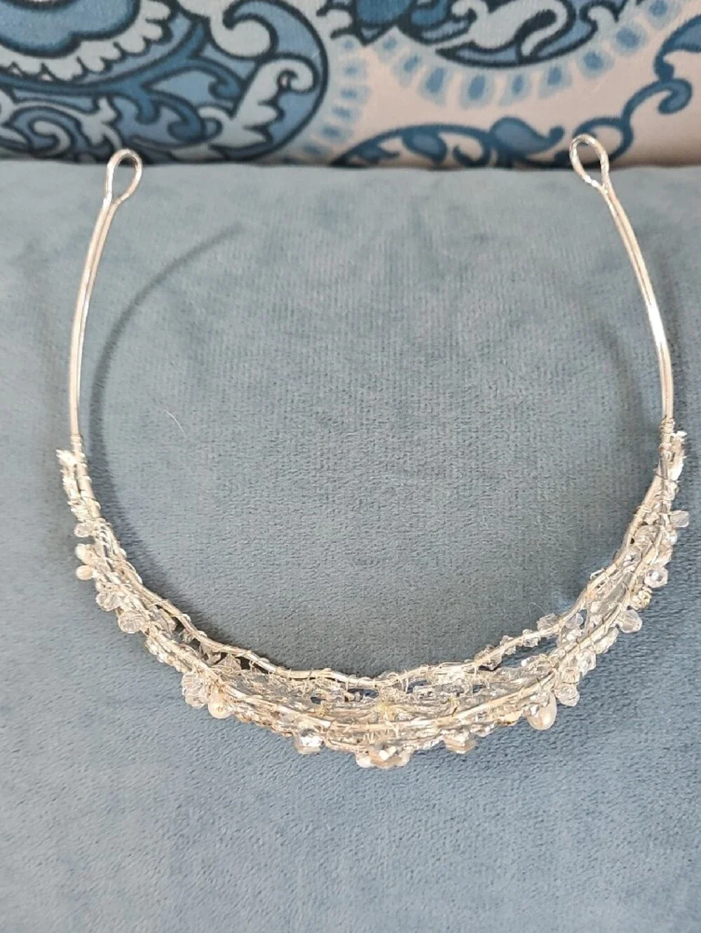 Elegant Pearl & Crystal Bridal Tiara Headband  And Neclace Set- Silver